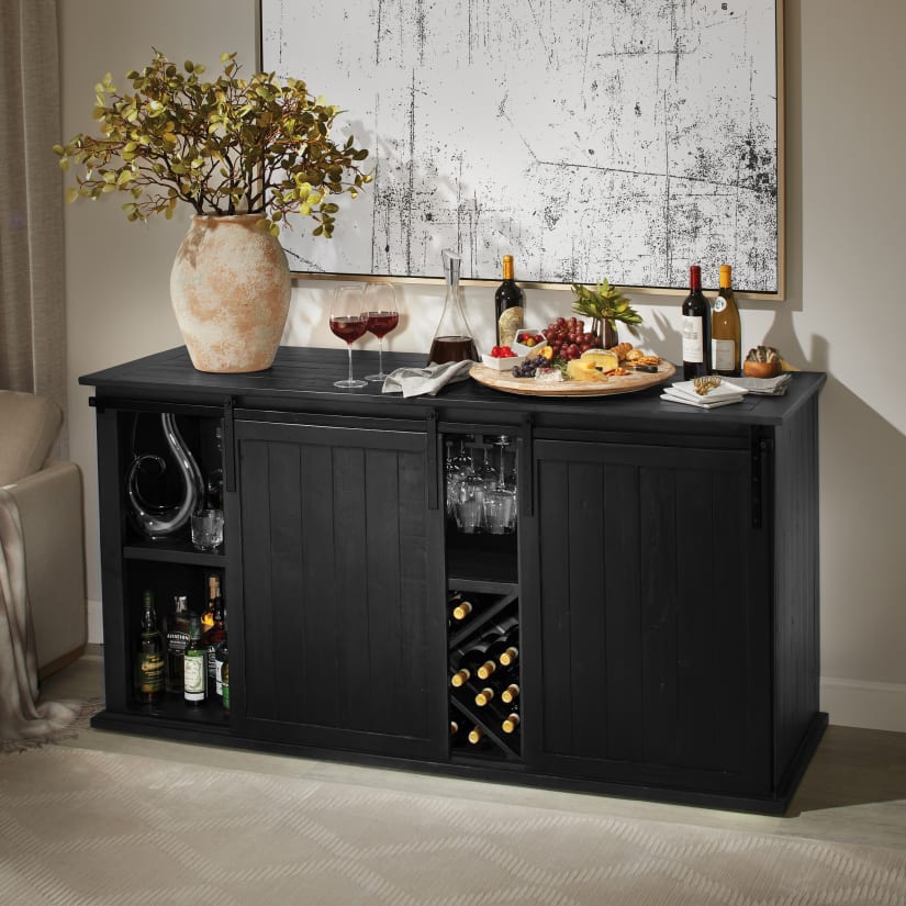 Mesa Sliding Barn Door Credenza with Cooling Storage Option (Rustic Black  Finish)