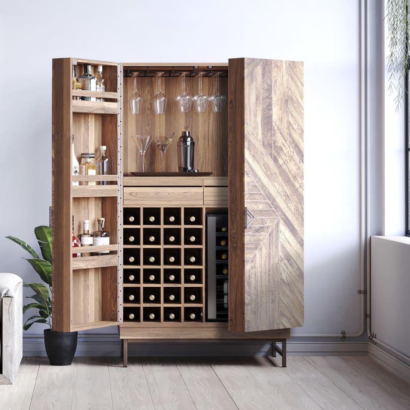 Cheverny Metal Inlay Bar Cabinet With 20 Bottle Wine Fridge