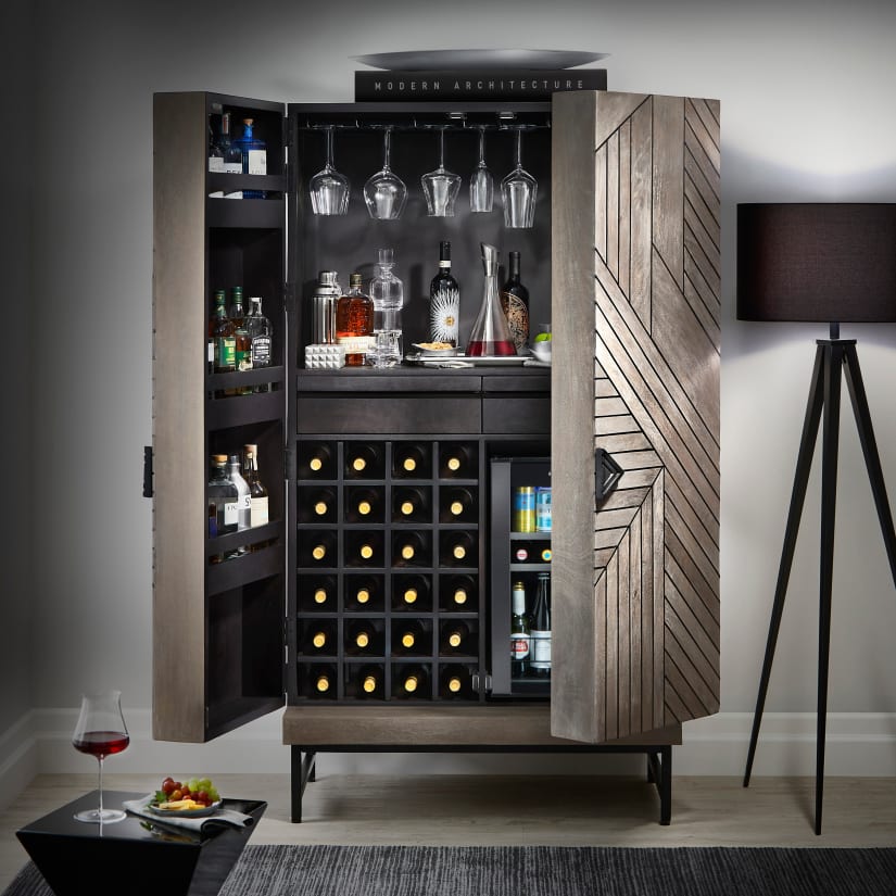 Cheverny Metal Inlay Bar Cabinet with Cooling Storage Option Smoke Gray Finish Solid Mango Wood Large Open Prep Area 2 Pullout Surfaces