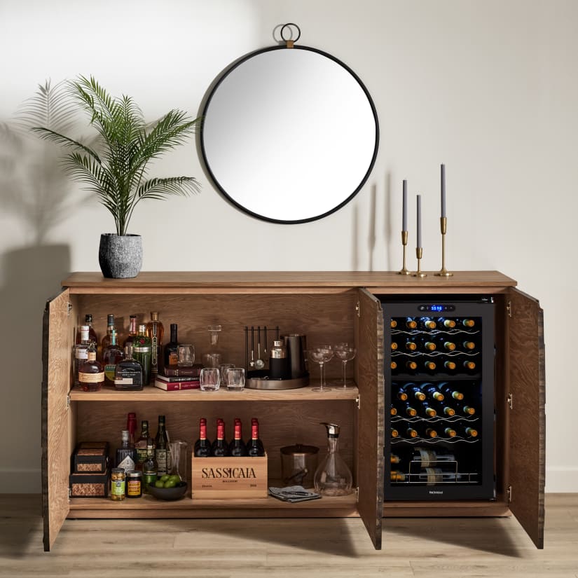 Sonora Oak Mosaic 76” Wine Sideboard With Cooling Storage Option