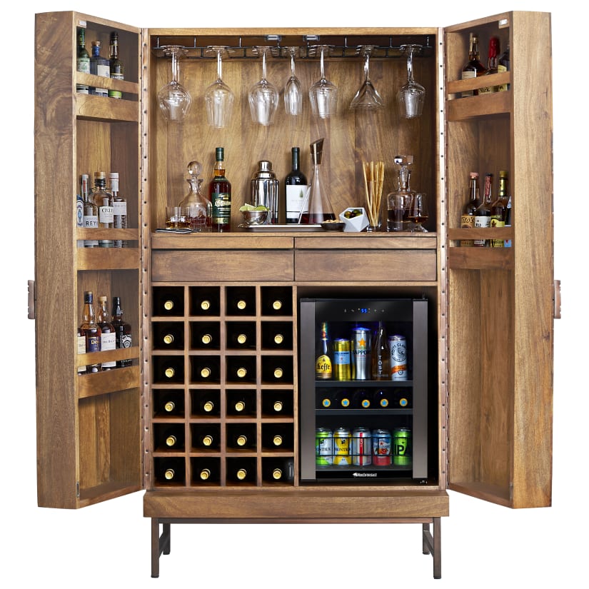 Interior view of the Cheverny Metal Inlay Bar Cabinet showing shelving, wine rack, and beverage cooler.