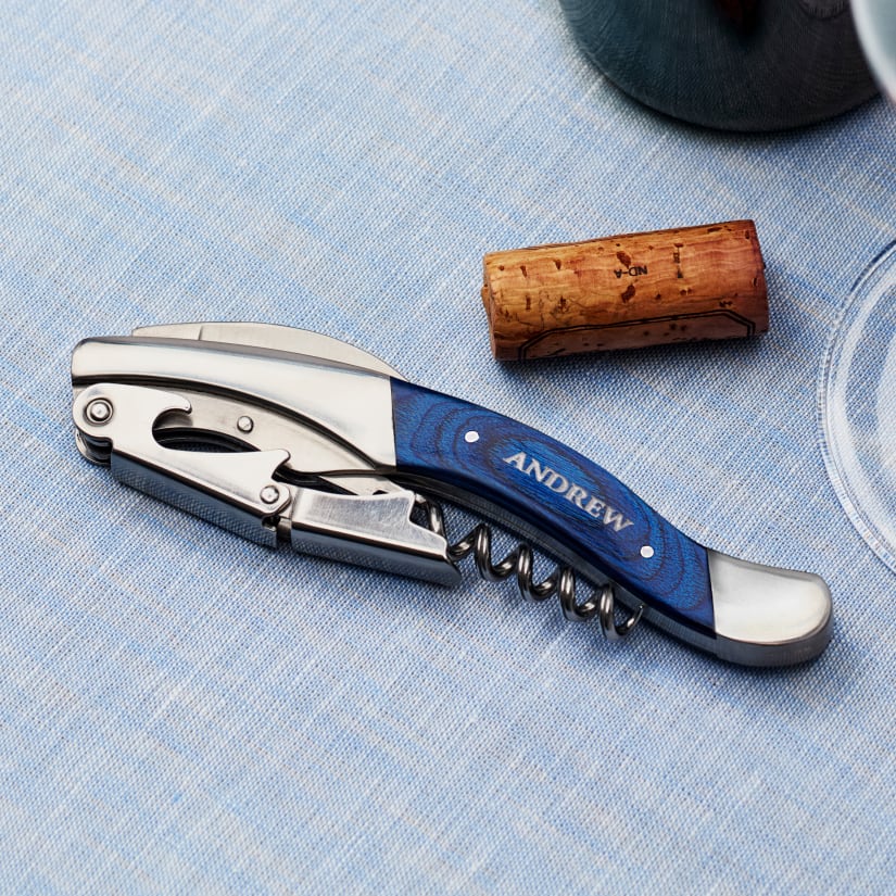 Wine Enthusiast Blue Pakkawood Double Hinged Executive Corkscrew -Personalized