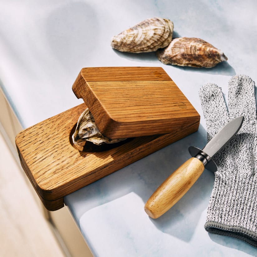 Reclaimed Whiskey Barrel Oyster Shucking Board, Knife and Reclaimed Whiskey Barrel Oyster Shucking Board, Knife and