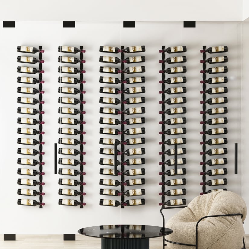 Wine bottles arranged in a vertical rack display on white background