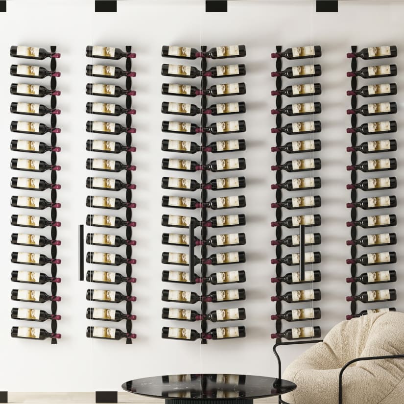Wall-mounted wine racks with multiple rows of bottles