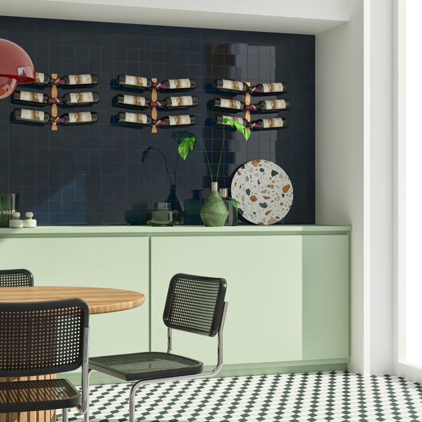 Kitchen/wine storage wall with multiple wine racks
