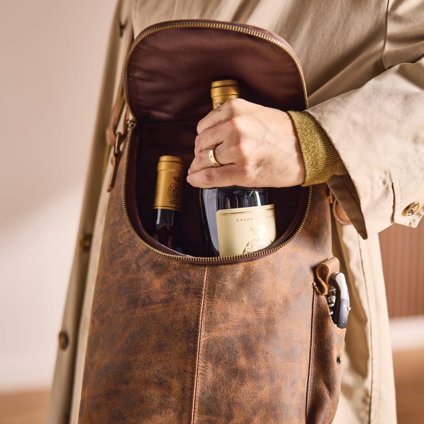 Full Grain Buffalo Leather 2-Bottle Crossbody Wine Bag