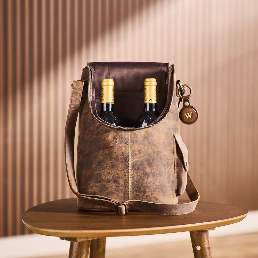 Personalized Full Grain Buffalo Leather 2 Bottle Wine Bag with Corkscrew