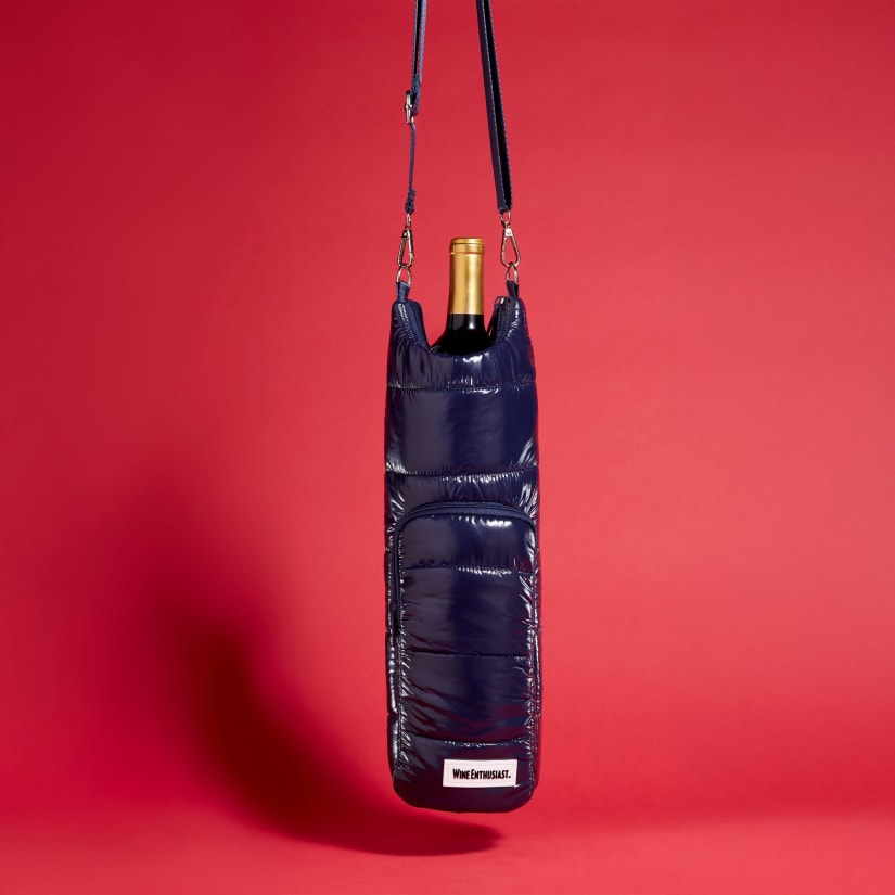Wine Enthusiast Crossbody Insulated Puffer Wine Bag- Dark Blue