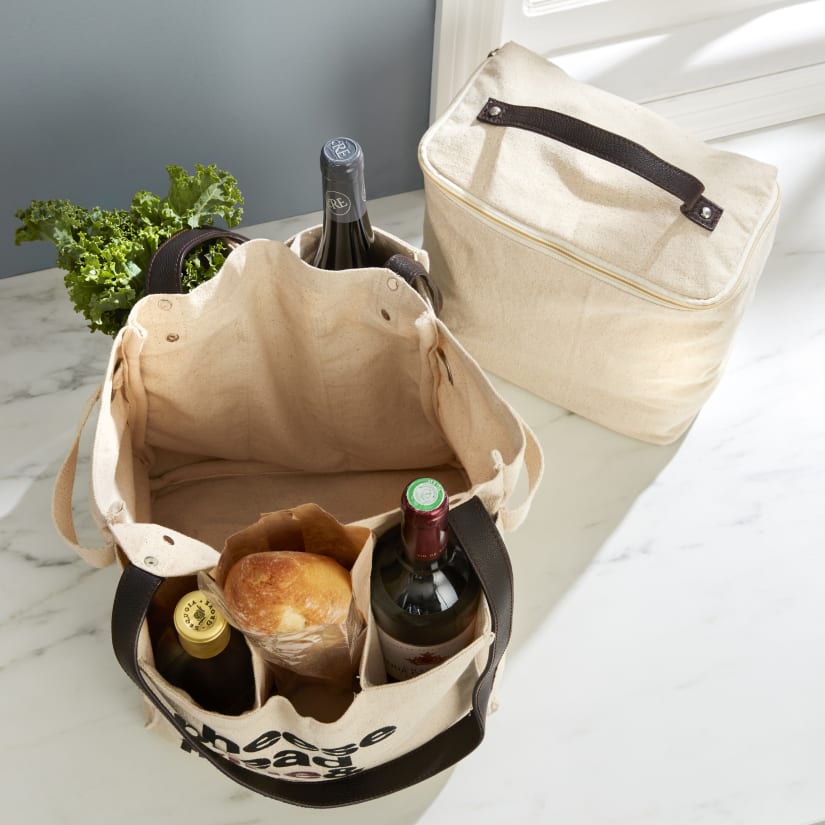 Canvas and Leather Farmer's Market Wine Bag With Removable Insulated Cooler - Thumbnail 2