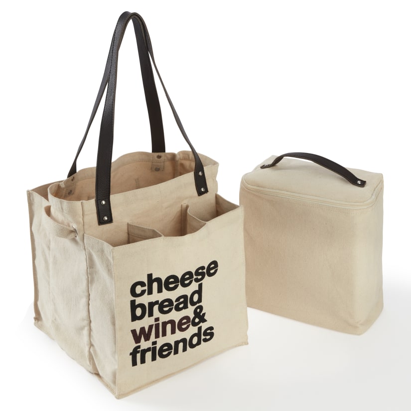 Canvas and Leather Farmer's Market Wine Bag With Removable Insulated Cooler - Thumbnail 4