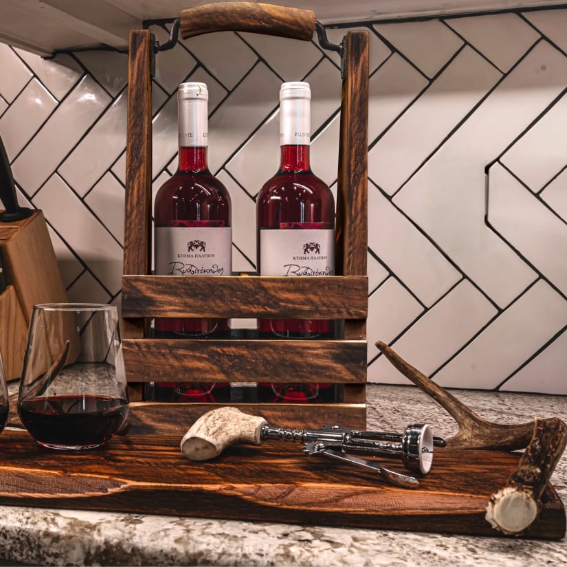 Handcrafted Wooden 2-Bottle Wine Carrier With Naturally Shed Antler Handle