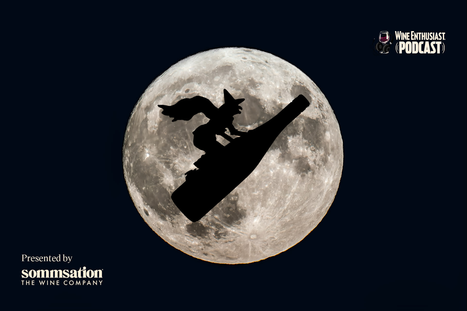 A witch riding on a bottle with a moon in the background