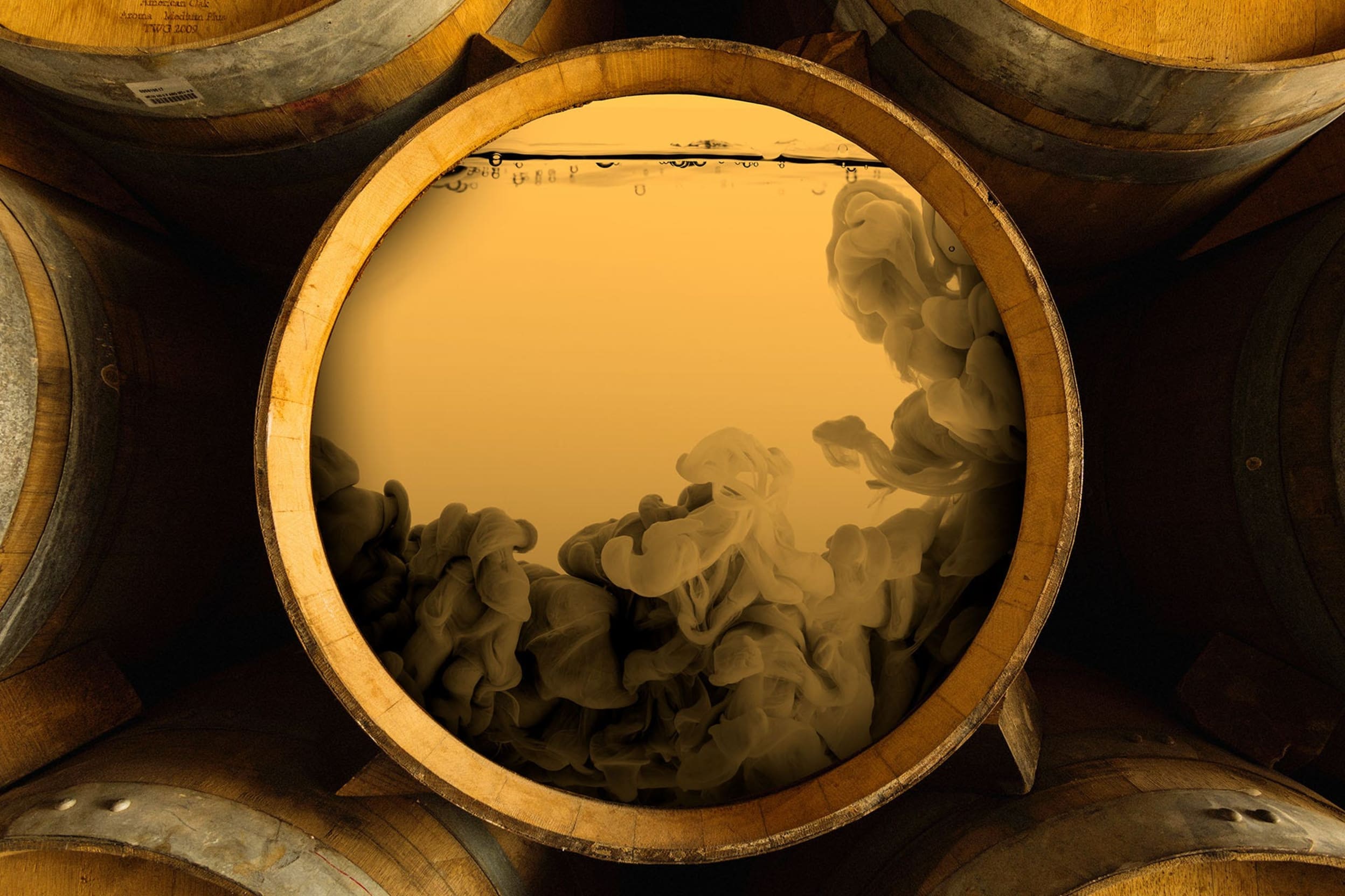 a photo illustration depicting Lees in a wine barrel