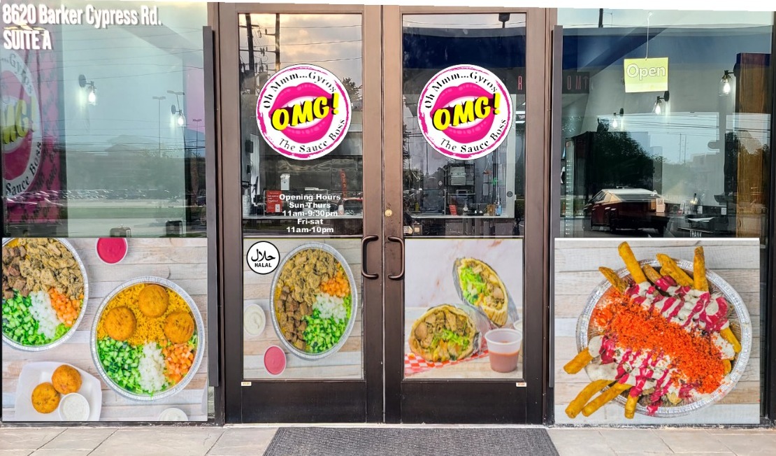 Retail window graphics with food imagery and logo marks