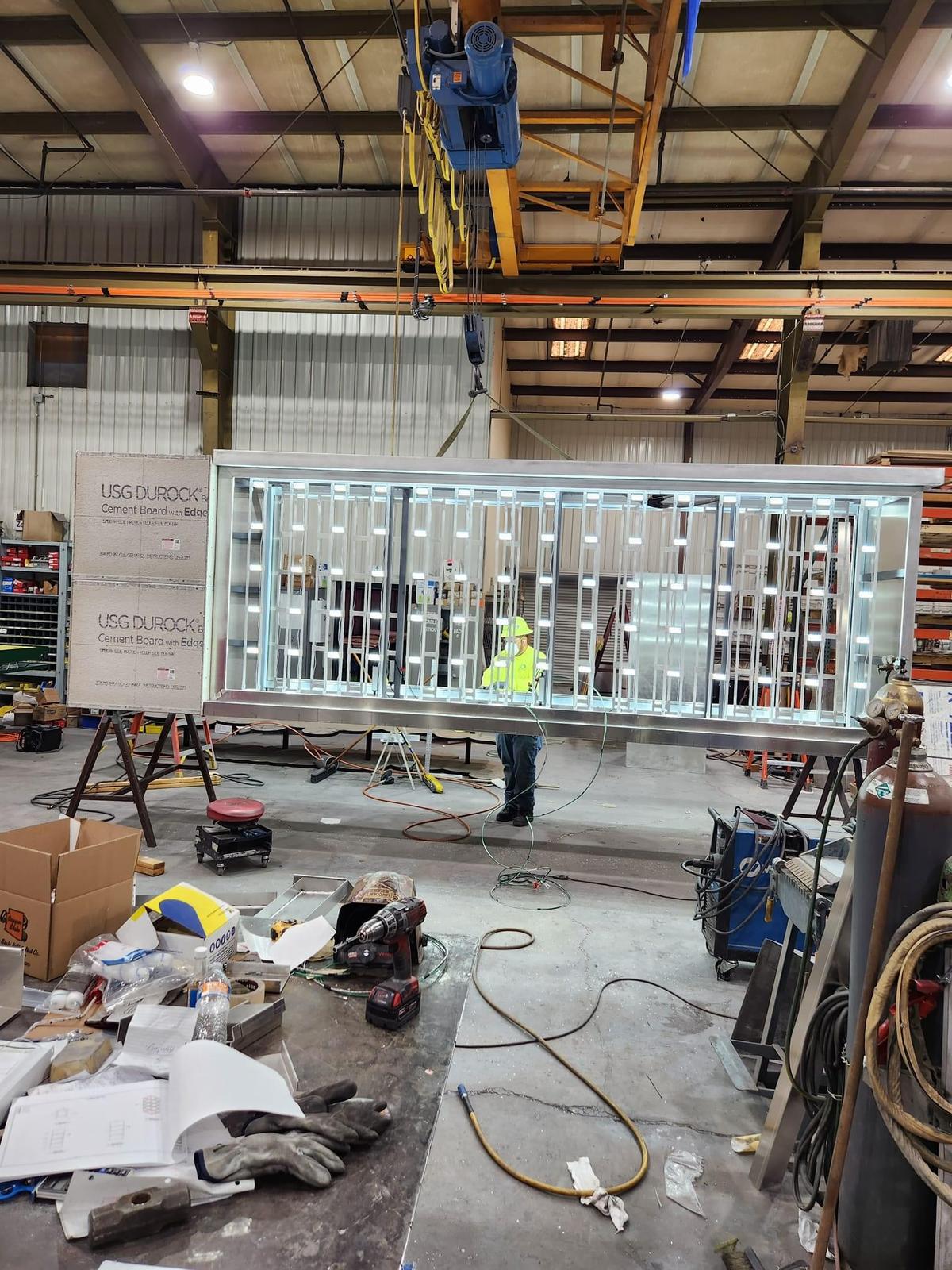 Large sign cabinet under fabrication in the shop