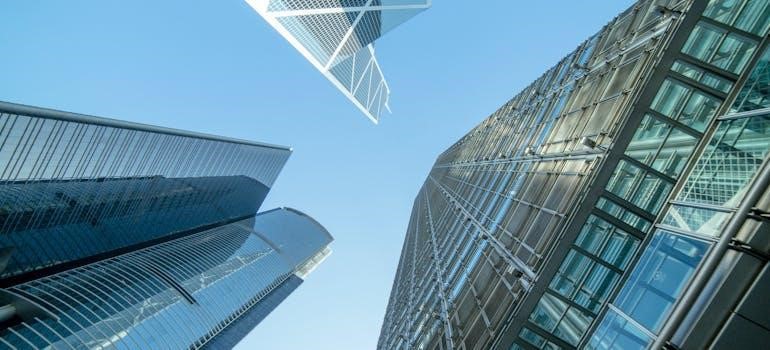 A view of buildings from below.