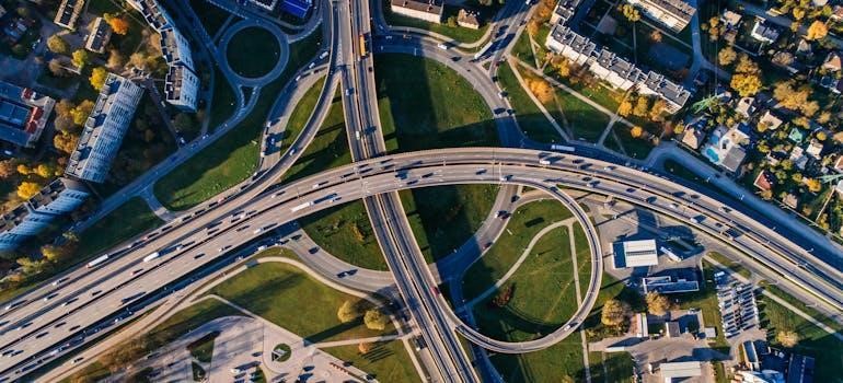 An aerial photo of buildings and roads