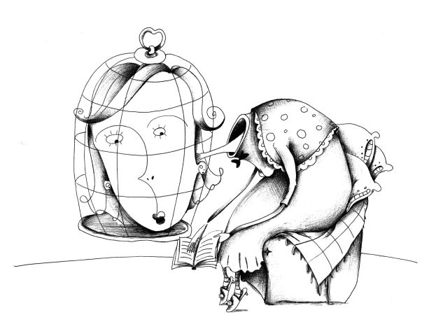 Kafası kafesin içinde kalmış kadın karikatürü