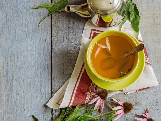 Ekinezya bitkisi ve çay yapılmış hali görünüyor