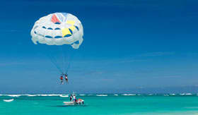 Parasailing over blue water in St. Thomas