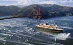 Queen Mary 2 sailing beneath Golden Gate Bridge