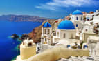 White blue Santorini view of Caldera with Domes