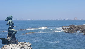 La Reina de los Mares mermaid statue on the coast of Mazatlan, Mexico.