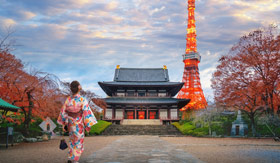 Temple in Tokyo with woman in traditional Japanese clothes