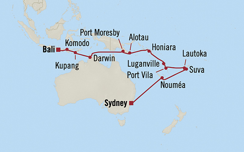 Map for 21-Day Indonesia, Papua New Guinea, Vanuatu, Fiji & Australia Itinerary