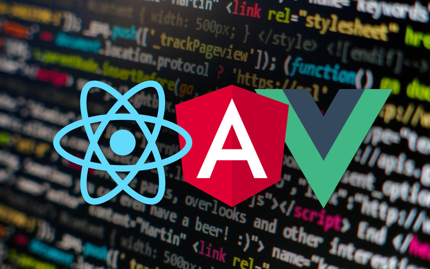 Angular, Vue, and React logos against a code background