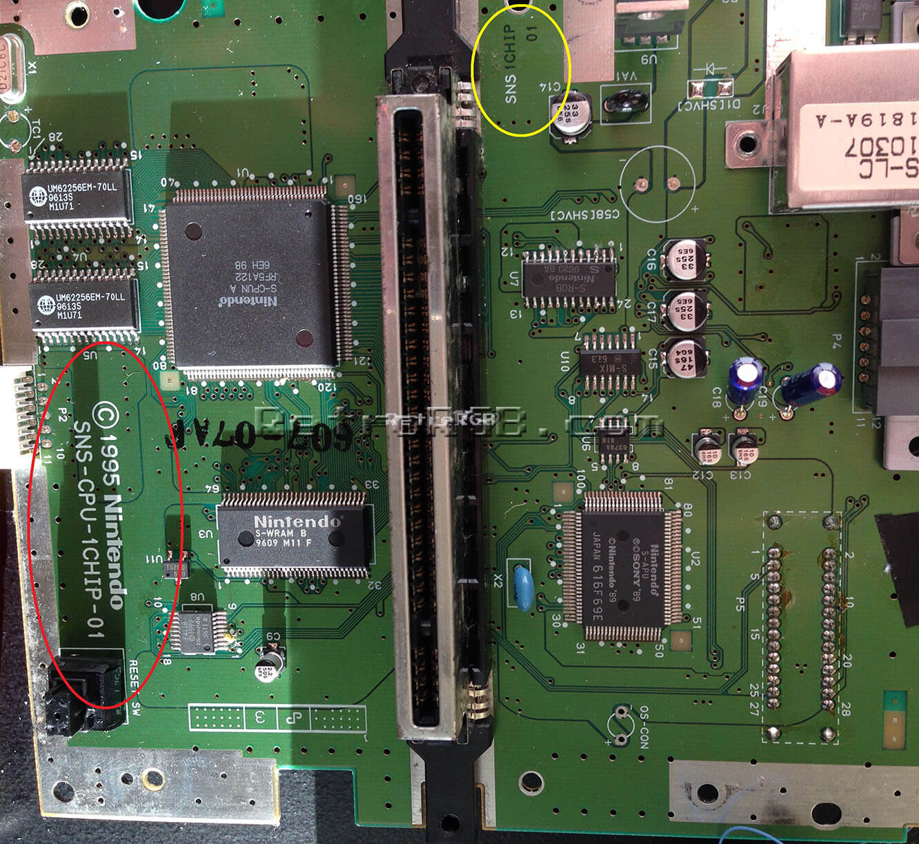 image of main board from a 1Chip revision SNES or Super Nintendo Entertainment System