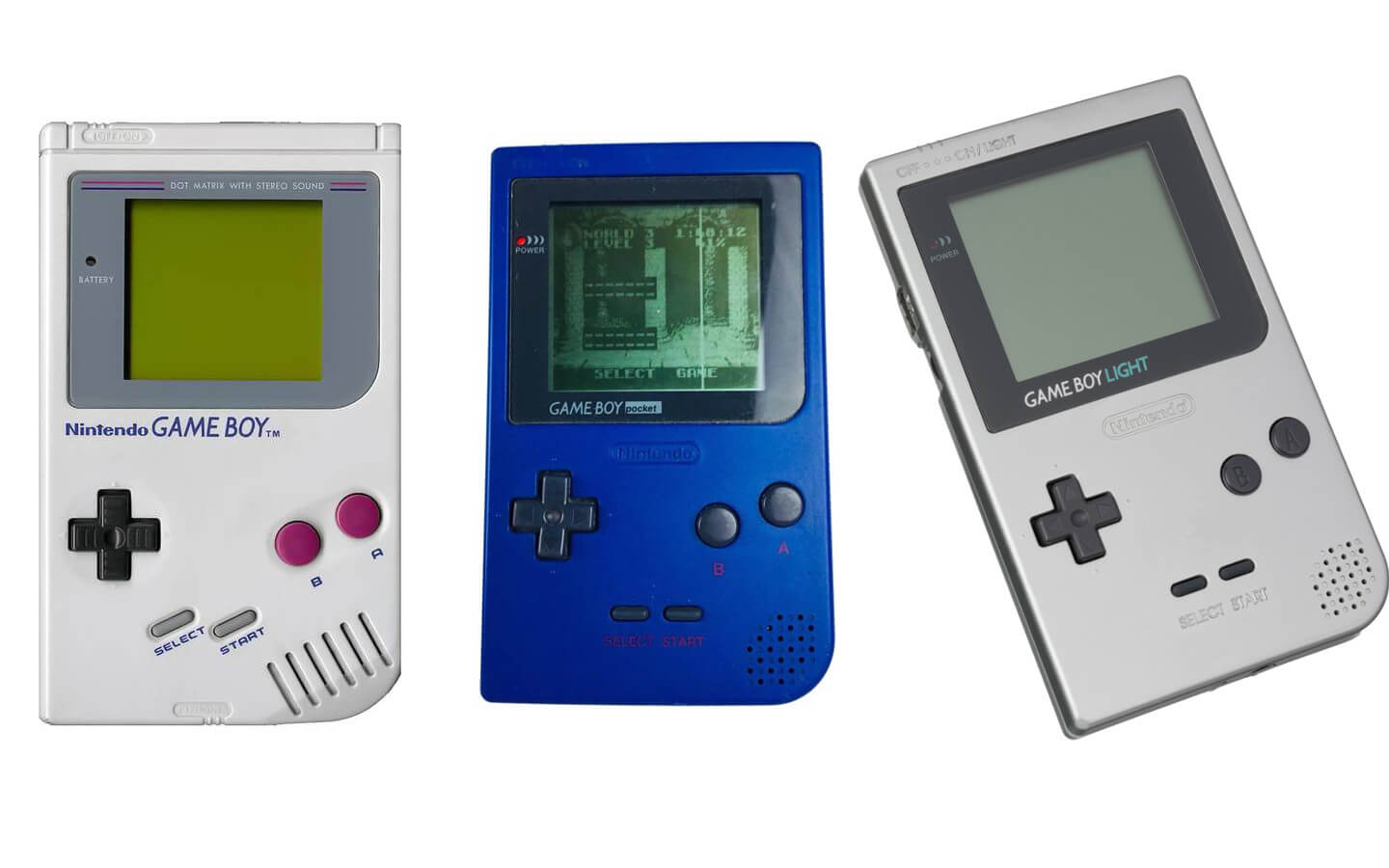 image of the Nintendo Game Boy, Game Boy Pocket, and Game Boy Light