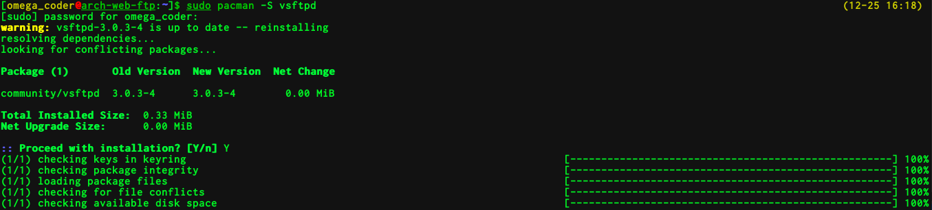 Installing vsftpd via pacman