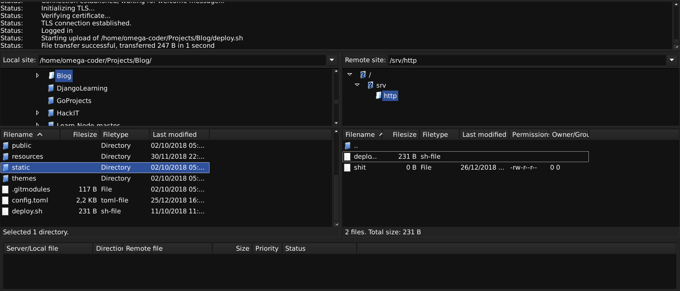 FileZilla connected over SSL/TLS