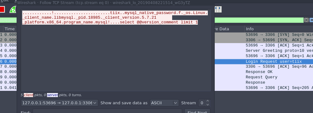 Wireshark MySQL connection