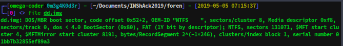 file command output showing NTFS filesystem