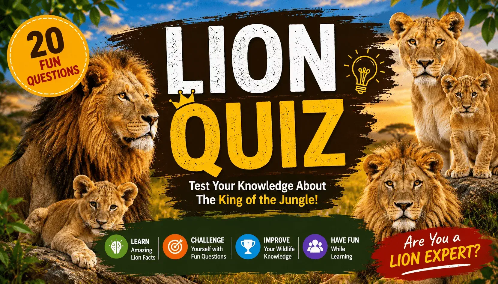 Lion Facts for Kids 🦁 | Fun Lion Quiz with 20 Questions Lion Facts for Kids 🦁 | Fun Lion Quiz with 20 Questions