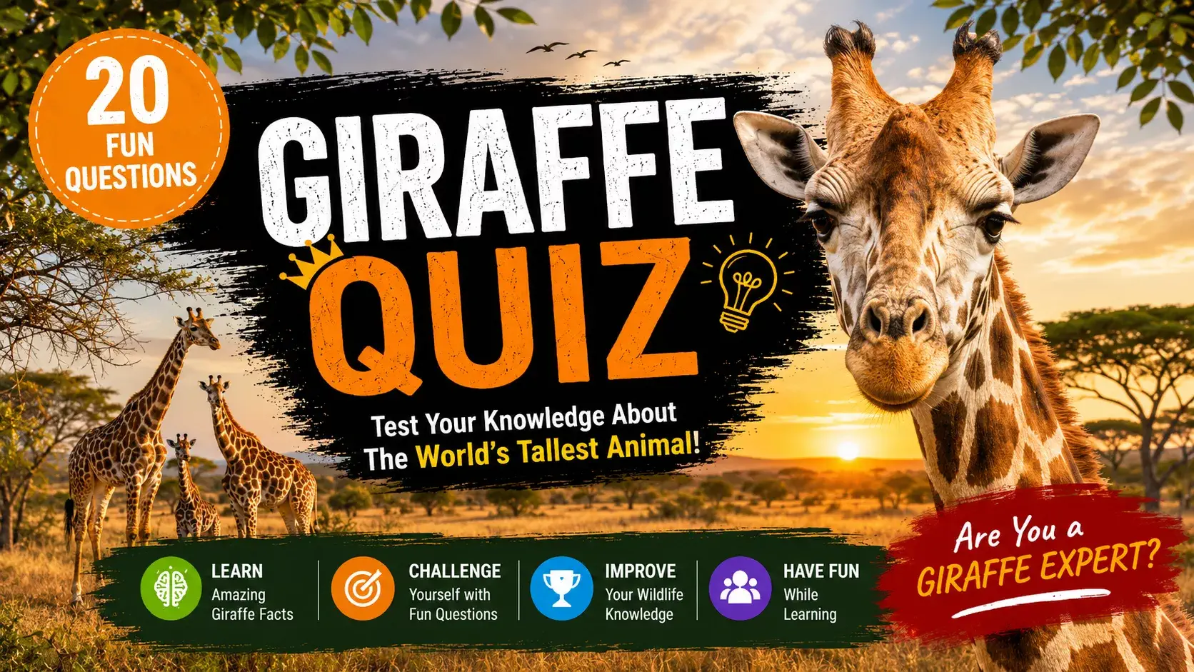 Educational Giraffe Quiz featuring the world's tallest land animal with fun questions and facts. Educational Giraffe Quiz featuring the world's tallest land animal with fun questions and facts.