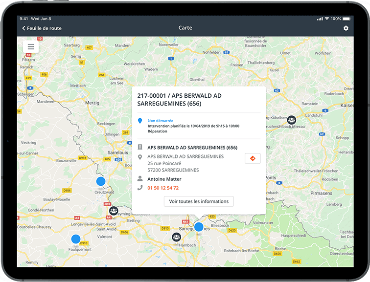 cartographie sur le crm divalto weavy, sur tablette