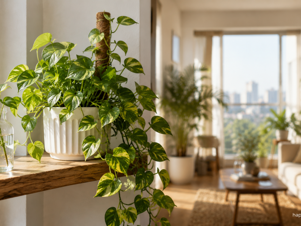Money plant trailing in a bright Bengaluru apartment living room