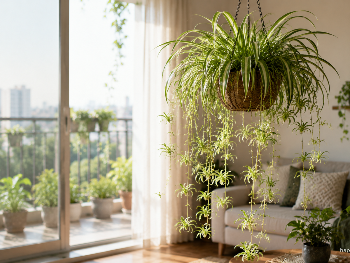 Spider plant hanging in a basket on a shaded Bengaluru apartment balcony