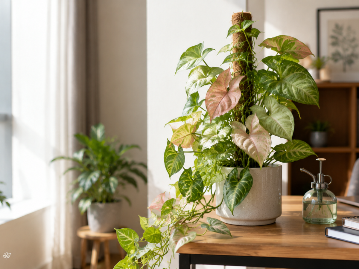 Syngonium arrowhead plant on a study desk in a north-facing Bengaluru apartment