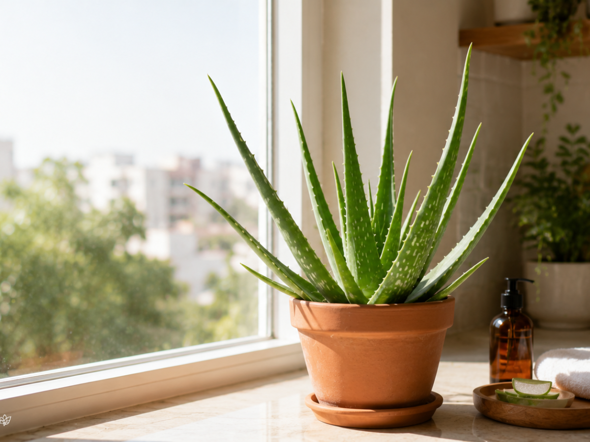 Aloe vera plant growing on a sunny kitchen windowsill in Bengaluru