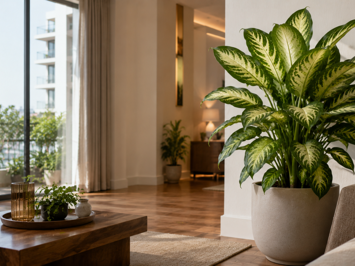 Large Dieffenbachia Dumb Cane plant in a spacious living room corner in Bengaluru