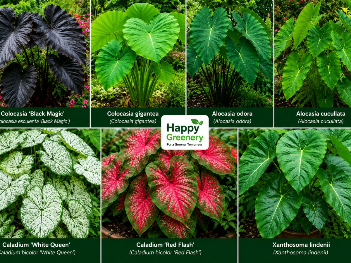 Broad-leaved foliage colocasia elephant ear plants in moist Bengaluru soil