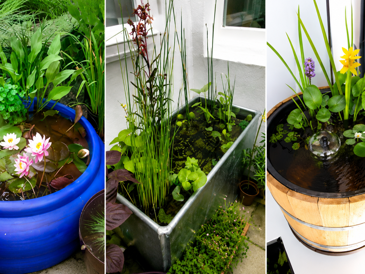 Balcony container water garden with dwarf water lilies in a Bengaluru apartment