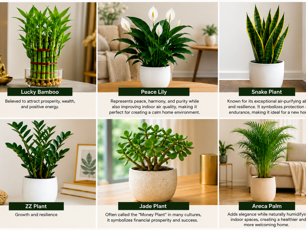 Best housewarming gift plants: Lucky Bamboo, Peace Lily, Snake Plant, ZZ Plant, Jade, Areca Palm