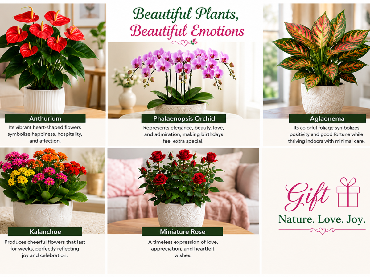 Best birthday gift plants: Anthurium, Phalaenopsis Orchid, Aglaonema, Kalanchoe, Miniature Rose